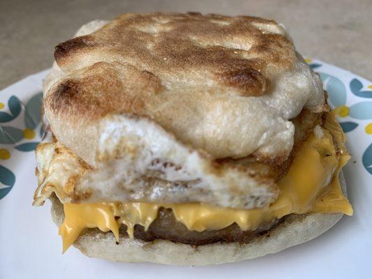 Sausage egg and cheese on an English muffin is yummy