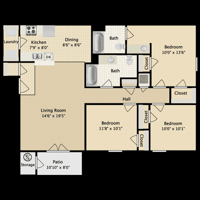 3 Bed - 2 Bath is 1,280 Sq. Ft!