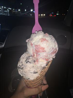 Strawberry Cheesecake and Cookies & Cream Waffle Cone