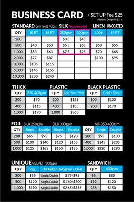 Business Card Price Chart *Prices may be changed at any time without further notice.