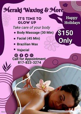 salon in fort worth  7th  specialize in Full Body waxing, facials & massage! if you'd like I would love to offer this New year