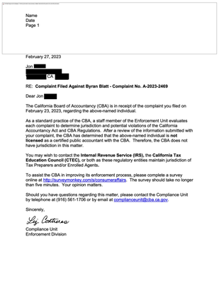 Letter from California Board of Accountants - Bryan is not even a Licensed Accountant.