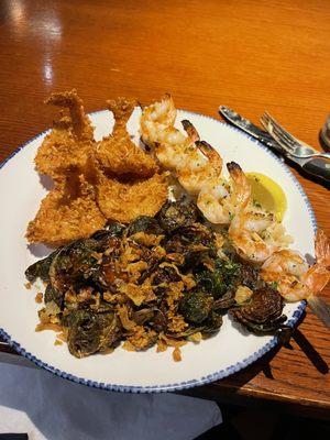 Shrimp two ways - Coconut + Grilled. Side of Crispy Brussels Sprouts