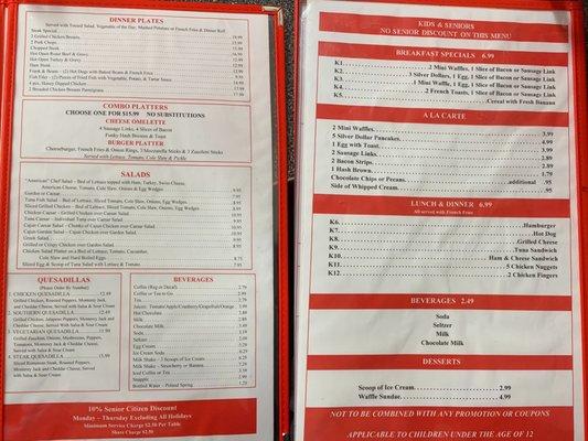 Dinner, Kids & Seniors Menu