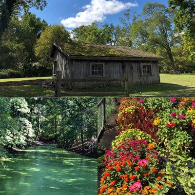 Old structure, river behind the farmstead along hiking trail, late summer garden plot.