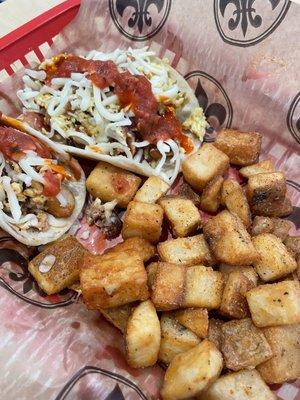 Breakfast tacos and hash browns.