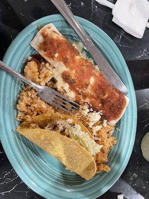 Lunch #2. Chicken burrito, chicken taco, and rice