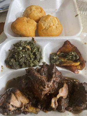 Brown stew, calaloo, plantain and fried dumpling