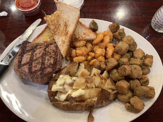 8oz sirloin, popcorn shrimp, baked potato and fried okra $19.99