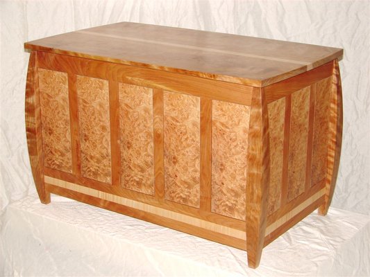 Blanket chest in curly red birch and maple burl