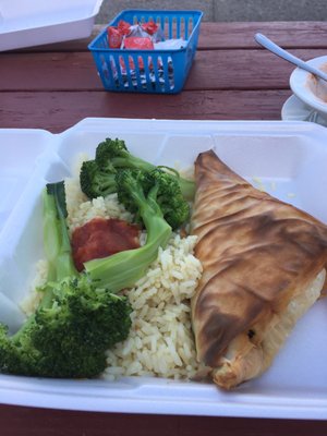 $10.99 Spanikopita with Rice, Broccoli & Soup. Just alright, not much feta/ seasoning