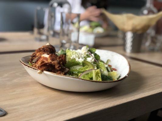 Greek salad w fried chicken.