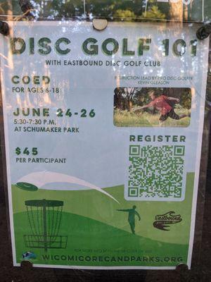 This park is a huge frisbee golf course, pictures of the world disc golf champion and advertisement for lessons by the park map.