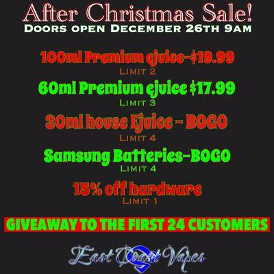 AFTER CHRISTMAS SALE @ East Coast Vapes! FIRST 24 CUSTOMERS GIVEAWAY!