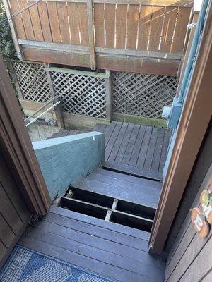 Steven's contractors left our stairs like this while they were drinking beers down on the street. We could not exit our house all day