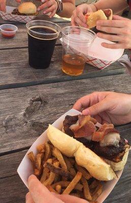 Jamaican jerk chicken slider w/fries; bacon mushroom swiss beef sliders w/fries.