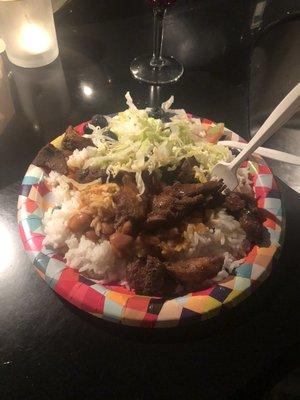 White rice with beans salad and fried pork