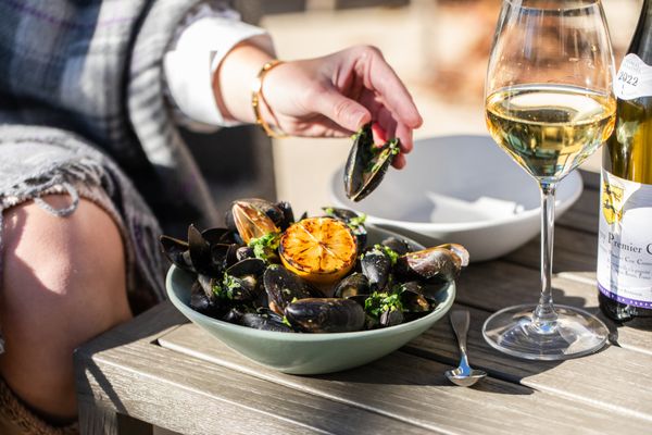 Steamed Mussels - Thai style green coconut curry broth, Jasmine rice, 
charred lemon