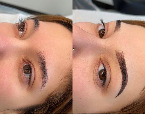 Before & After her Ombre Powder Brows session! The semi-permanent tattoo lasts 1-3 years