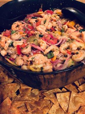 Peruvian Ceviche-Shrimp Cooked in Beer, Peppers, Pickled Onions, Poblano Chiles, Cilantro, Squeezed Lime Juice, Homemade Corn Chips