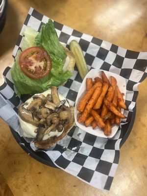 Mushroom Swiss burger & sweet potato fries