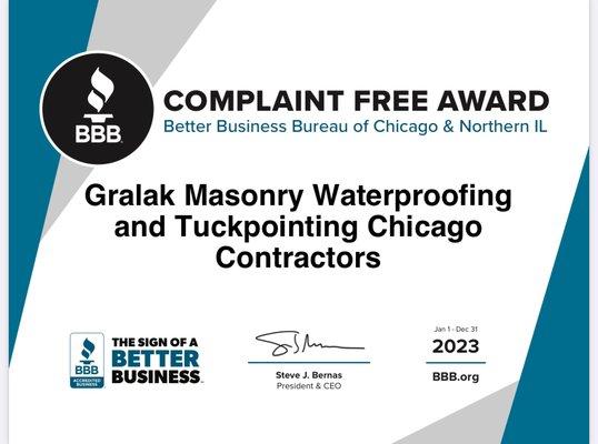 Proud to receive BBB Complaint Free Award. www.gralak-tuckpointing.com