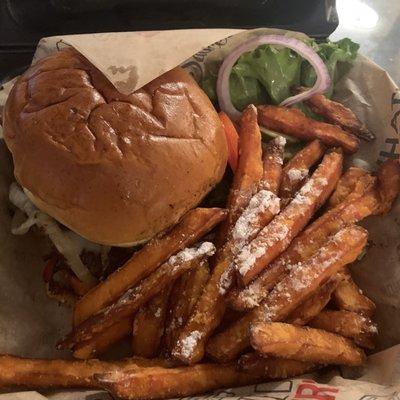 Burger and sweet potato fries