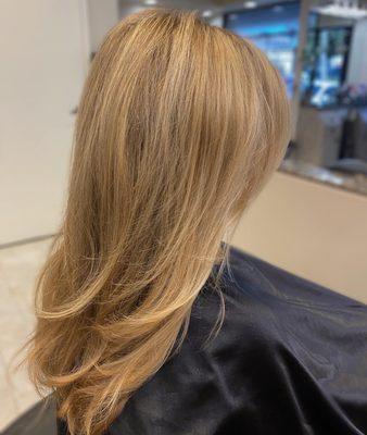 Highlights money piece and warm gloss, long layered haircut