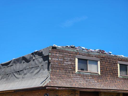 Roof replacement in progress.