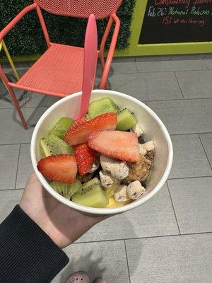 Cake batter yogurt with brownie bites, cookie dough bites, kiwi and strawberries