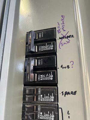 The purple writing is mine. Black is baker, who labeled my breaker panel incorrectly. Not acceptable for professionals.