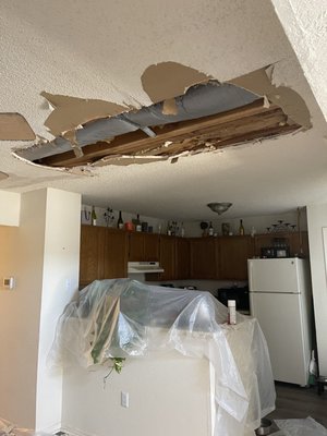 The ceilings after the flood. There is black mold growing now. Taken July 15, 2022.