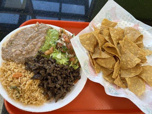 Carne asada plate with chips instead of tortilla