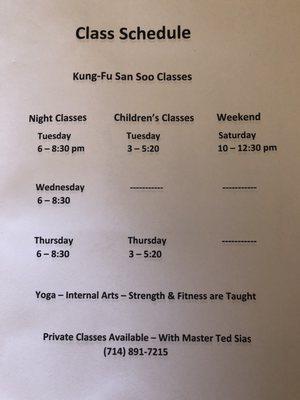 Kung Fu San Soo Class Schedule