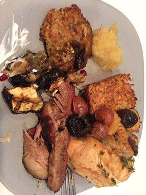 Assortment from the catering.  Potato latke, potato kugel, brisket, chicken, eggplant