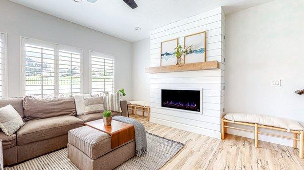 Remodeled family room with fire place