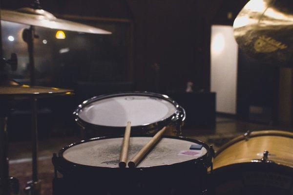 View of the live room from sitting behind the drum kit.