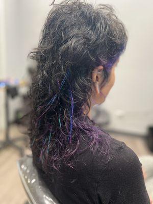 Mullet with blue and purple color blocking and tinsel