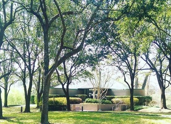 A front view outside my gym.  Green, quiet, and peaceful.