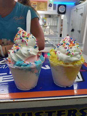 (Left side) Twister with cotton candy ice cream  (right side) twister with birthday cake creme ice