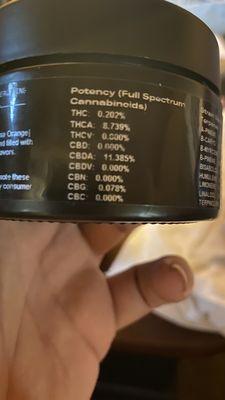 The label OF INGREDIENTS from an 1/8 of Rhythm Blue dream CBD bud.