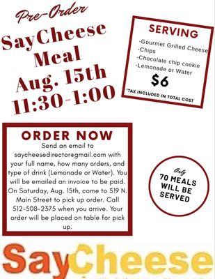 Aug. 15th pre-order event. Orders will be placed on table for pick up. Trying to make it through Covid. Thank you for your support!