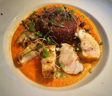 Special: Monkfish with a blue grit cake and red pepper sauce. Loved this. So pretty and fresh.