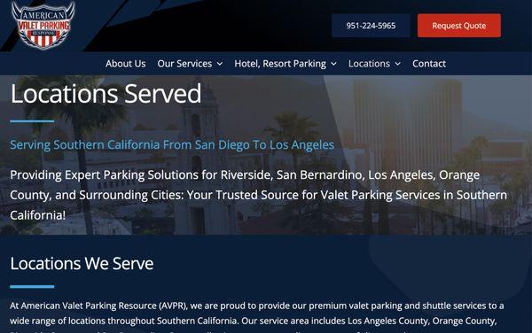 Locations Served for Local Map | Website Development and SEO Services for American Valet Parking Response | Company Riverside, CA