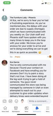 The company's response to my negative review on Facebook followed by my response with the real story of what is happening.