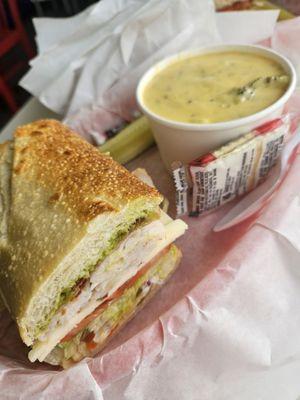 Turkey Bacon Avocado sandwich and broccoli cheddar soup.