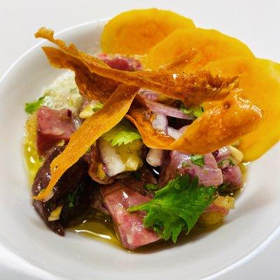 Peruvian ceviche with fried crispy sweet potatoes