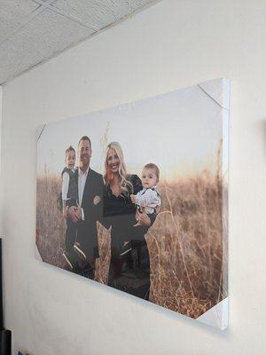 Family photo printing on canvas installed on 1.5" frame with wrap around frame (gallery wrap) of Newport Beach family