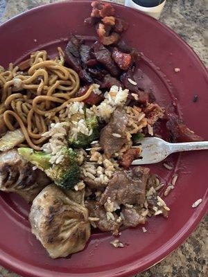 Beef With Broccoli, Fried Dumplings (6), rib tips, white rice, shrimp and beef lo mein, had shrimp egg rolls and wonton soup.