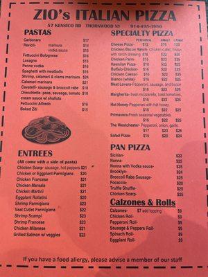 Zoo's pizza menu